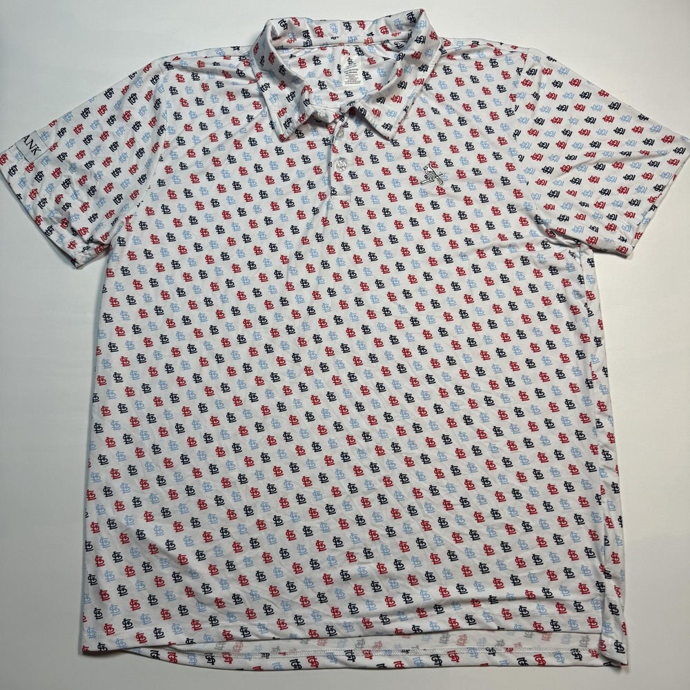St. Louis Cardinals Polo Shirt Mens XL White All Over Logo Baseball BuseyBank